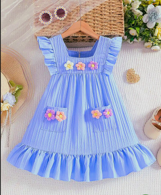 AON FASHION Girls Midi/Knee Length Casual Dress(Blue, Fashion Sleeve)