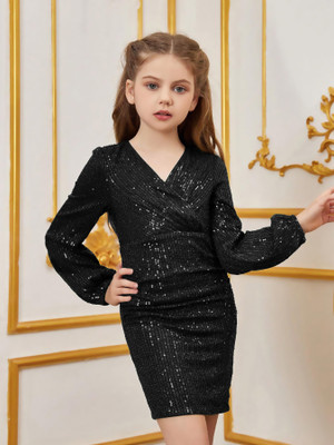 Driza Ecommerce Girls Midi/Knee Length Party Dress(Black, Full Sleeve)