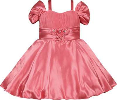Wishkaro Baby Girls Midi/Knee Length Party Dress(Pink, Short Sleeve)