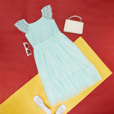 Pantaloons Junior Girls Midi/Knee Length Casual Dress(Green, Half Sleeve)