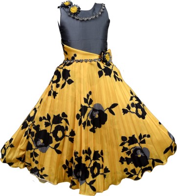 SKY HEIGHTS Girls Maxi/Full Length Casual Dress(Yellow, Sleeveless)