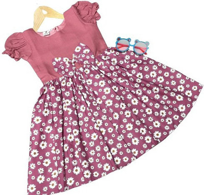 Ksaliya Enterprise Girls Midi/Knee Length Casual Dress(Pink, Short Sleeve)