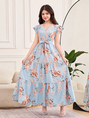 Style Connect Girls Maxi/Full Length Party Dress(Light Blue, Short Sleeve)