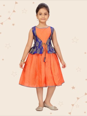 Kidotsav Indi Girls Midi/Knee Length Party Dress(Orange, Sleeveless)