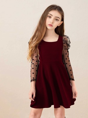 Deklook Girls Above Knee Casual Dress(Maroon, 3/4 Sleeve)