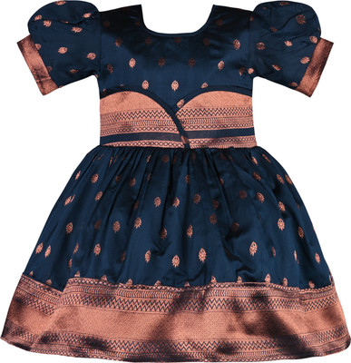 Wishkaro Girls Midi/Knee Length Festive/Wedding Dress(Blue, Short Sleeve)