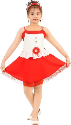 ARADHYA FASHION WORLD Indi Girls Midi/Knee Length Festive/Wedding Dress(Red, Noodle strap)