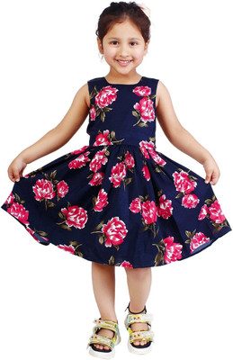 HouseOfCommon Girls Below Knee Casual Dress(Dark Blue, Sleeveless)