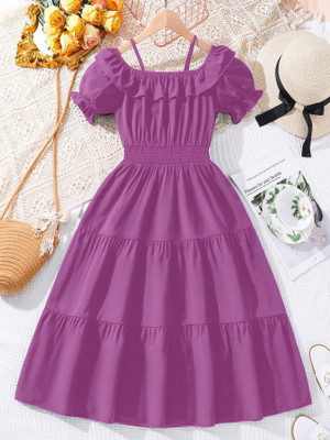 dhvani fashion Indi Girls Midi/Knee Length Casual Dress(Purple, Short Sleeve)