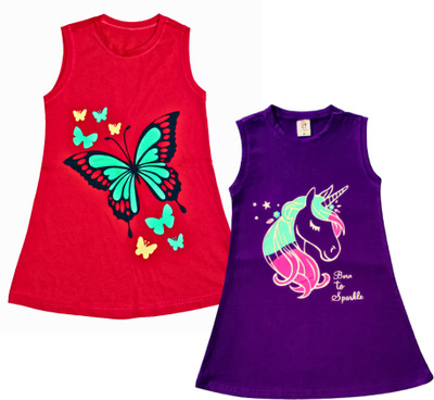 CHIRUK Girls Midi/Knee Length Casual Dress(Multicolor, Sleeveless)