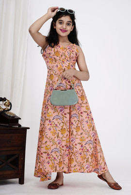 DMP FASHION Indi Girls Maxi/Full Length Casual Dress(Orange, Sleeveless)