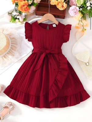 Baby Home Indi Girls Midi/Knee Length Casual Dress(Maroon, Short Sleeve)