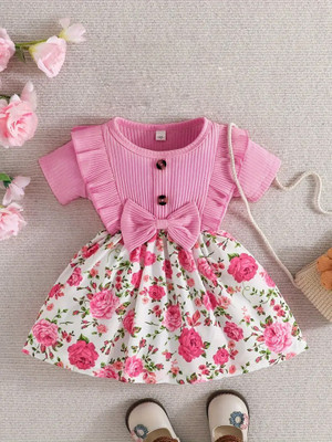 Amavya Fashions Girls Midi/Knee Length Casual Dress(Pink, Short Sleeve)