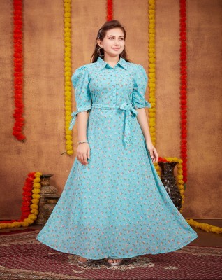 Billion Indi Girls Maxi/Full Length Party Dress(Blue, Half Sleeve)