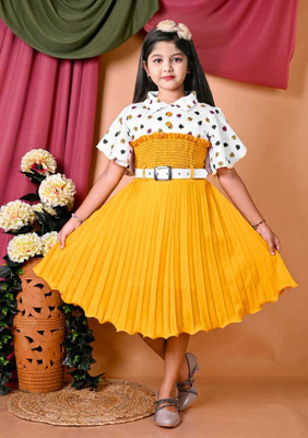 hira fashion Girls Midi/Knee Length Festive/Wedding Dress(Yellow, 3/4 Sleeve)