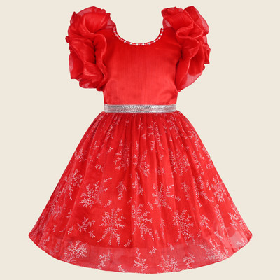 Wishkaro Girls Midi/Knee Length Party Dress(Red, Short Sleeve)