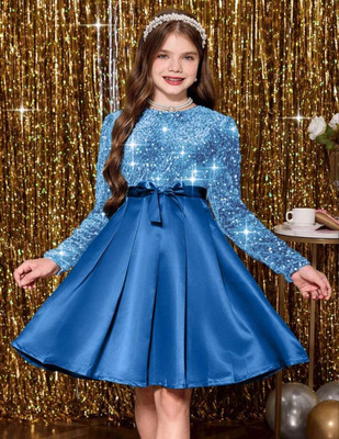 DPFABRICS Girls Midi/Knee Length Party Dress(Light Blue, Full Sleeve)