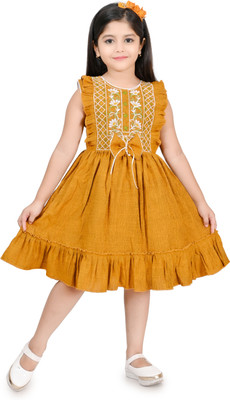 HMS COLLECTION Girls Below Knee Party Dress(Yellow, Sleeveless)