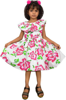 ZAMIA ENTERPRISES Girls Midi/Knee Length Casual Dress(Pink, Short Sleeve)