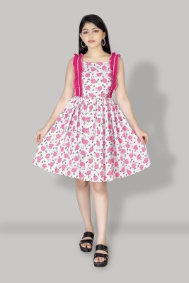 RK MANIYAR Girls Midi/Knee Length Casual Dress(Pink, Sleeveless)