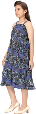MUHURATAM Indi Girls Midi/Knee Length Party Dress(Blue, Sleeveless)