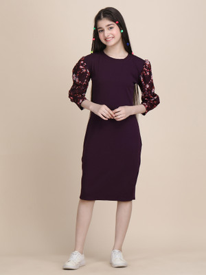 Deklook Girls Below Knee Party Dress(Purple, 3/4 Sleeve)