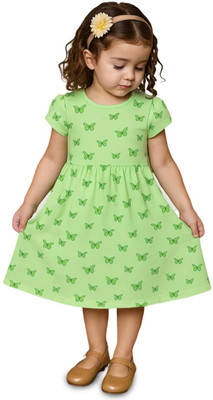 Luay Indi Girls Above Knee Casual Dress(Green, Short Sleeve)