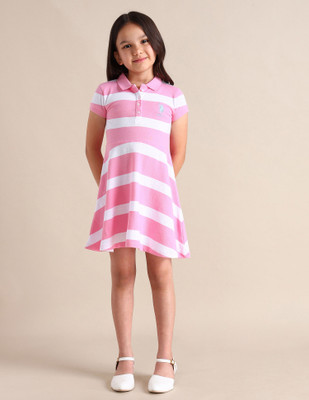 U.S. POLO ASSN. Girls Midi/Knee Length Casual Dress(Pink, Short Sleeve)