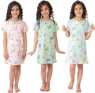 anthrilo Indi Girls Above Knee Casual Dress(Pink, Short Sleeve)