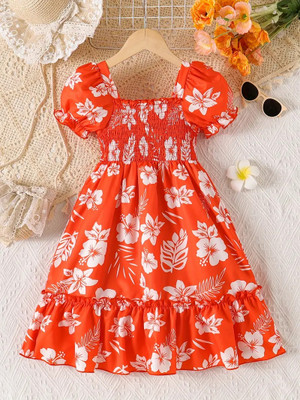 ALANTA Girls Midi/Knee Length Casual Dress(Red, Short Sleeve)