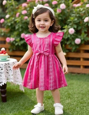 RANU FASHION Indi Baby Girls Below Knee Casual Dress(Pink, Short Sleeve)