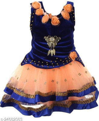 aruna creation Baby Girls Midi/Knee Length Festive/Wedding Dress(Blue, Sleeveless)