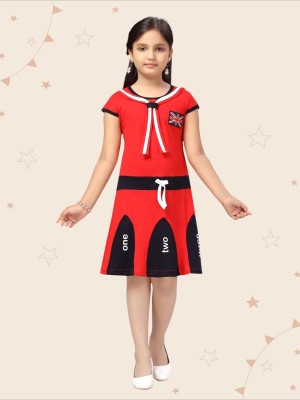 Kidotsav Indi Girls Midi/Knee Length Casual Dress(Red, Short Sleeve)