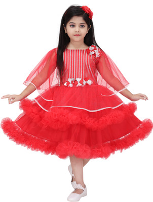 PN fashion Girls Below Knee Festive/Wedding Dress(Red, Fashion Sleeve)