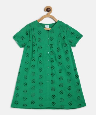 MINI KLUB Girls Midi/Knee Length Casual Dress(Green, Short Sleeve)