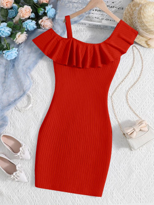 Dhanoo Fashion Girls Below Knee Party Dress(Red, Fashion Sleeve)