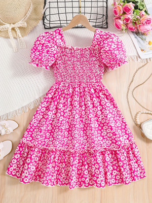 Ethit Indi Girls Midi/Knee Length Party Dress(Pink, Short Sleeve)