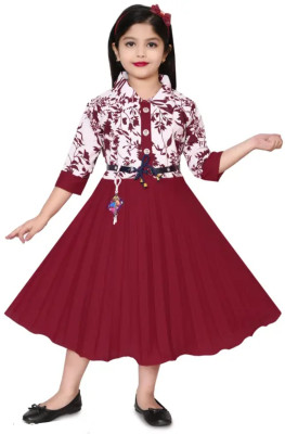 AKAYESH FASHION Baby Girls Midi/Knee Length Casual Dress(Maroon, 3/4 Sleeve)