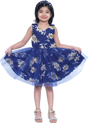 Shahina Fashion Girls Midi/Knee Length Casual Dress(Blue, Sleeveless)