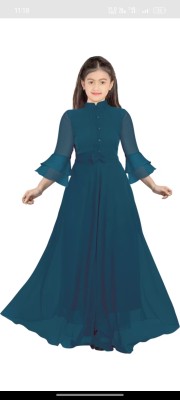 SHREE CHAMUNDA CREATION Girls Maxi/Full Length Casual Dress(Blue, 3/4 Sleeve)