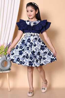 Chic Generation Girls Midi/Knee Length Casual Dress(Blue, Short Sleeve)