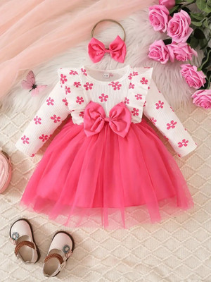 Amavya Fashions Baby Girls Midi/Knee Length Festive/Wedding Dress(Pink, White, Full Sleeve)