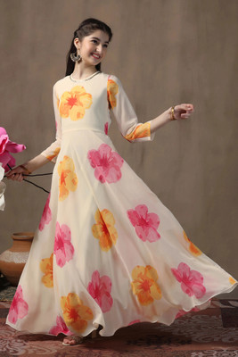 Fashion Dream Girls Maxi/Full Length Festive/Wedding Dress(White, Full Sleeve)