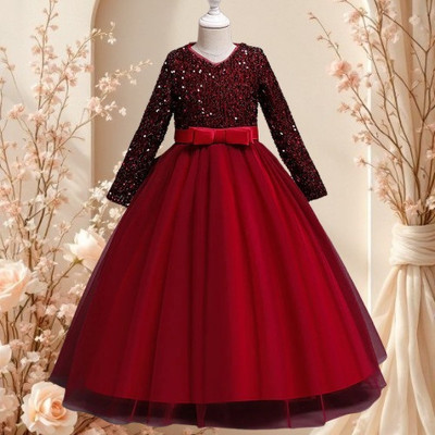 VERAENETREPRISE Girls Maxi/Full Length Party Dress(Red, Full Sleeve)