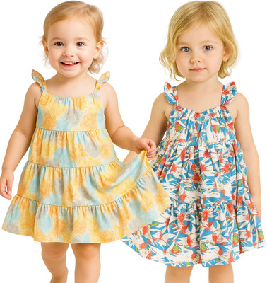 TotzTouch Girls Midi/Knee Length Casual Dress(Beige, Cap Sleeve)