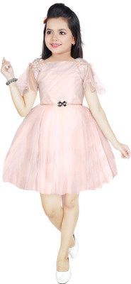 KJD Indi Girls Midi/Knee Length Festive/Wedding Dress(Pink, Short Sleeve)
