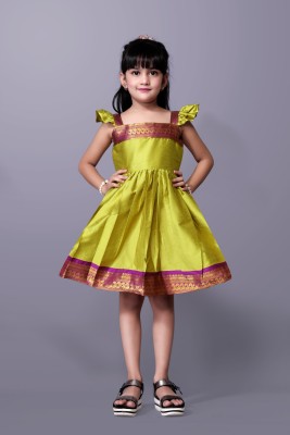 Aarya Designer Girls Midi/Knee Length Festive/Wedding Dress(Green, Short Sleeve)