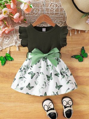 Miss & Chief Girls Midi/Knee Length Party Dress(Green, Short Sleeve)