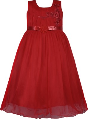 Wishkaro Girls Maxi/Full Length Party Dress(Red, Sleeveless)