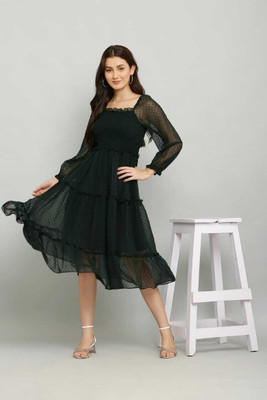 Subhash Collectiion Girls Calf Length Casual Dress(Black, Full Sleeve)